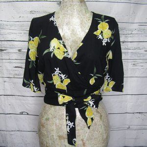 Black Lemon Print Surplice Top